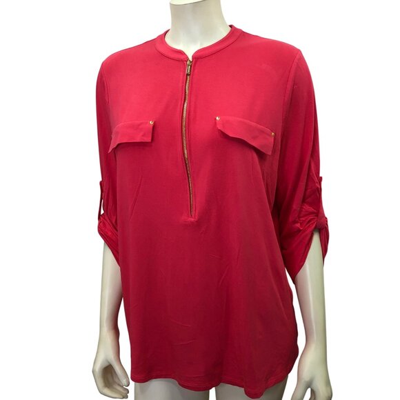 Calvin Klein rolled‎ sleeve half front zip blouse Lg - Picture 1 of 8